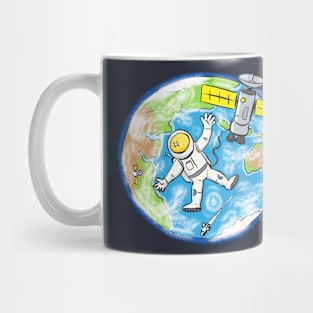 Astronaut and satellite over earth cartoon illustration Mug